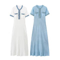 ZATRHMBM Women 2024 Summer New Fashion Denim Patchwork Knitted Maxi Dress Vintage Short Sleeves Female Dresses Vestidos Mujer