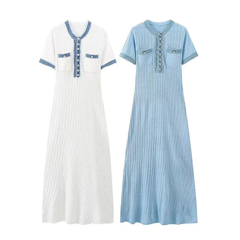 ZATRHMBM Women 2024 Summer New Fashion Denim Patchwork Knitted Maxi Dress Vintage Short Sleeves Female Dresses Vestidos Mujer