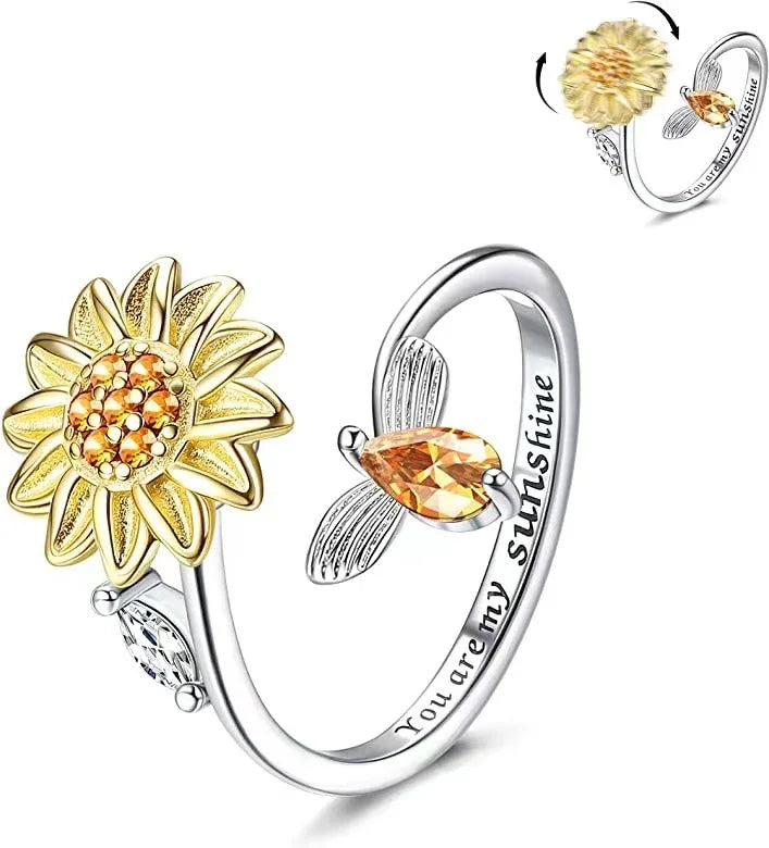 Rotatable Sunflower Ring Lettering Adjustable Anxiety Relief Open Rings Decompressed Zircon Spinner Ring