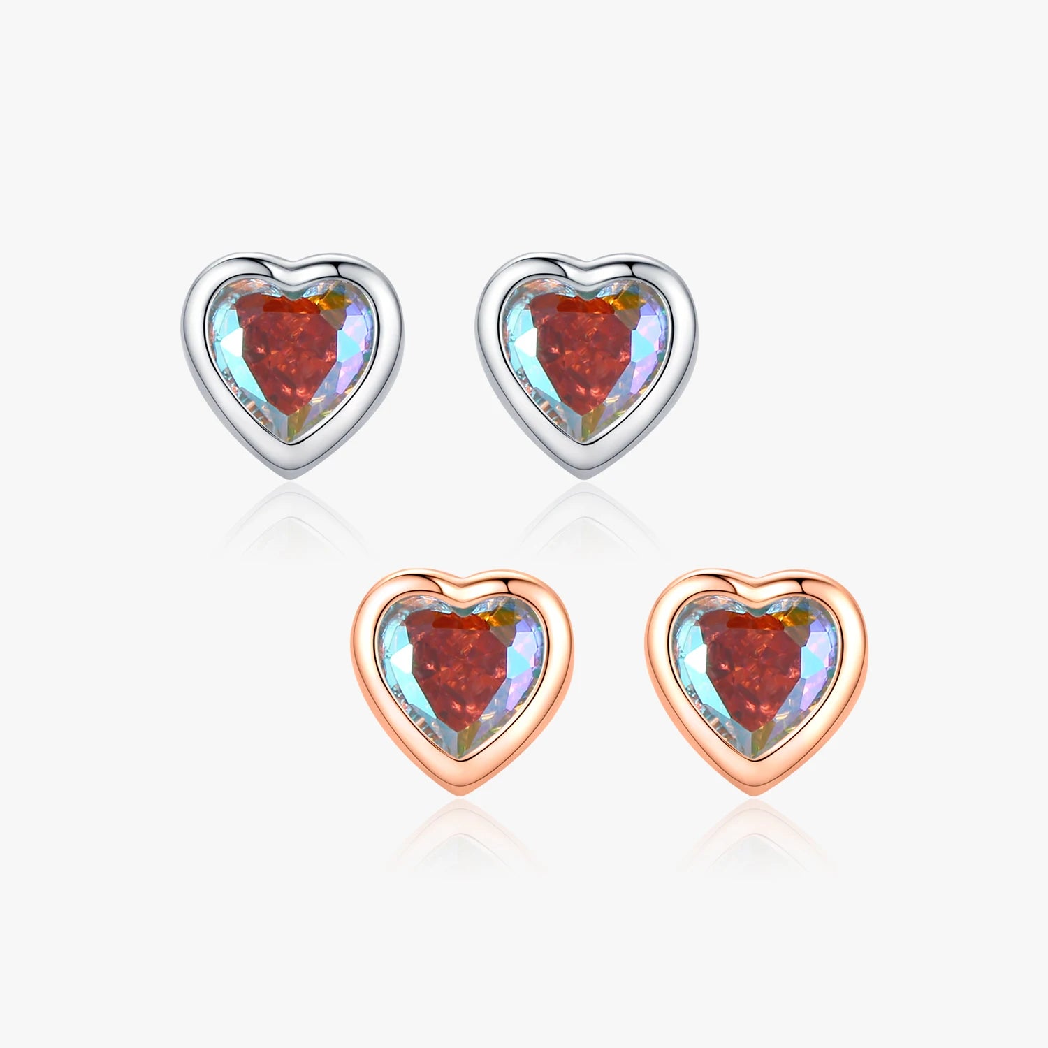925 Sterling Silver Simple Cute Hearts Multi-color Zirconia Charm Stud Earrings Classic Rose Gold Color Jewelry for Women