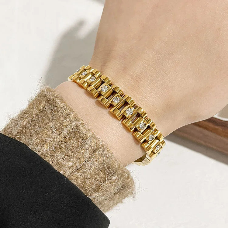 BS4051 Non Tarnish 18k Gold Plated Stainless Steel CZ Paved Watchband Link Chain Bracelet Chunky Gold Wrist Watch Band Bracelet