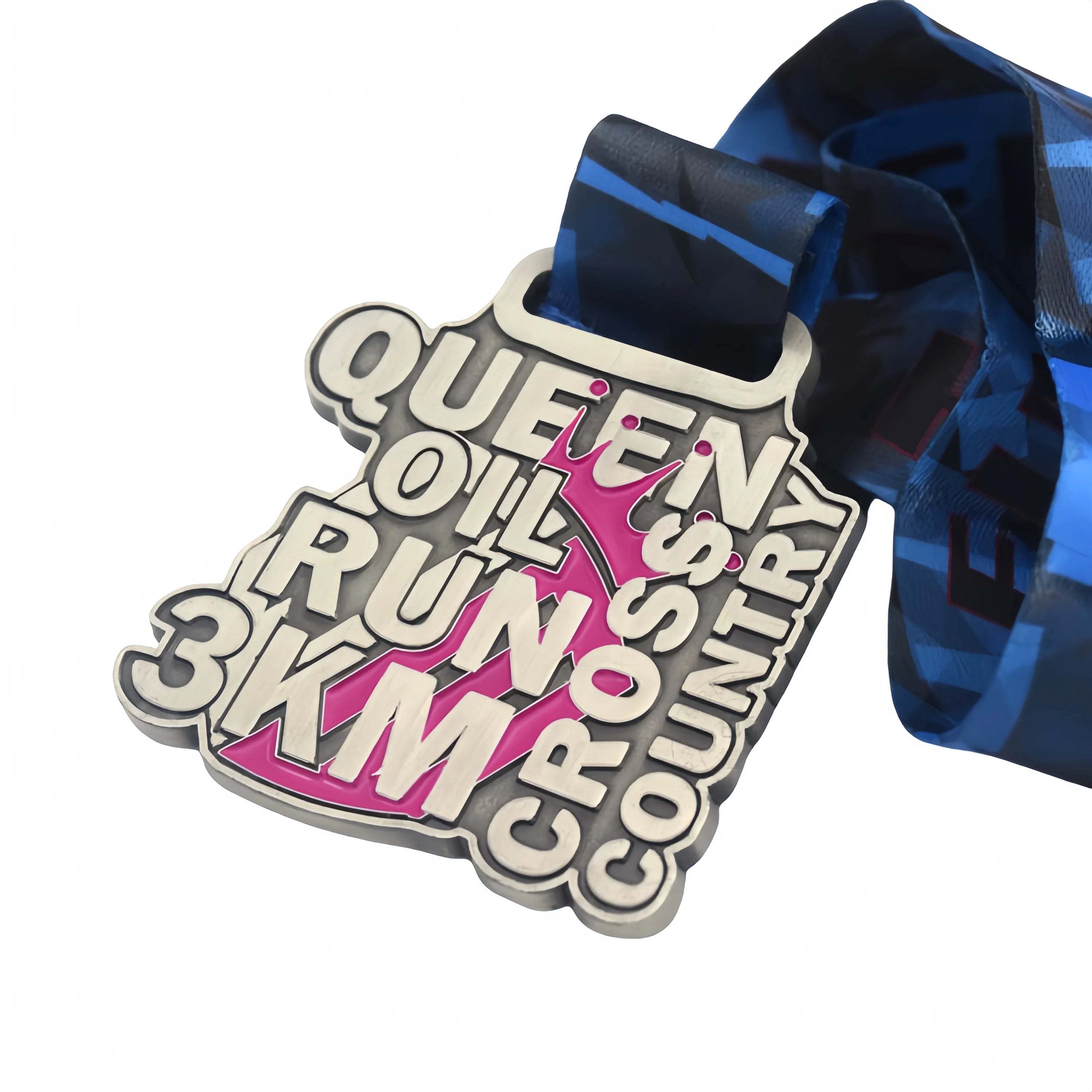 OEM Medallion Antique Silver Enamel Medal QUEEN OIL RUN 3KM Award Medal Finisher Cross Medal with Custom ribbon
