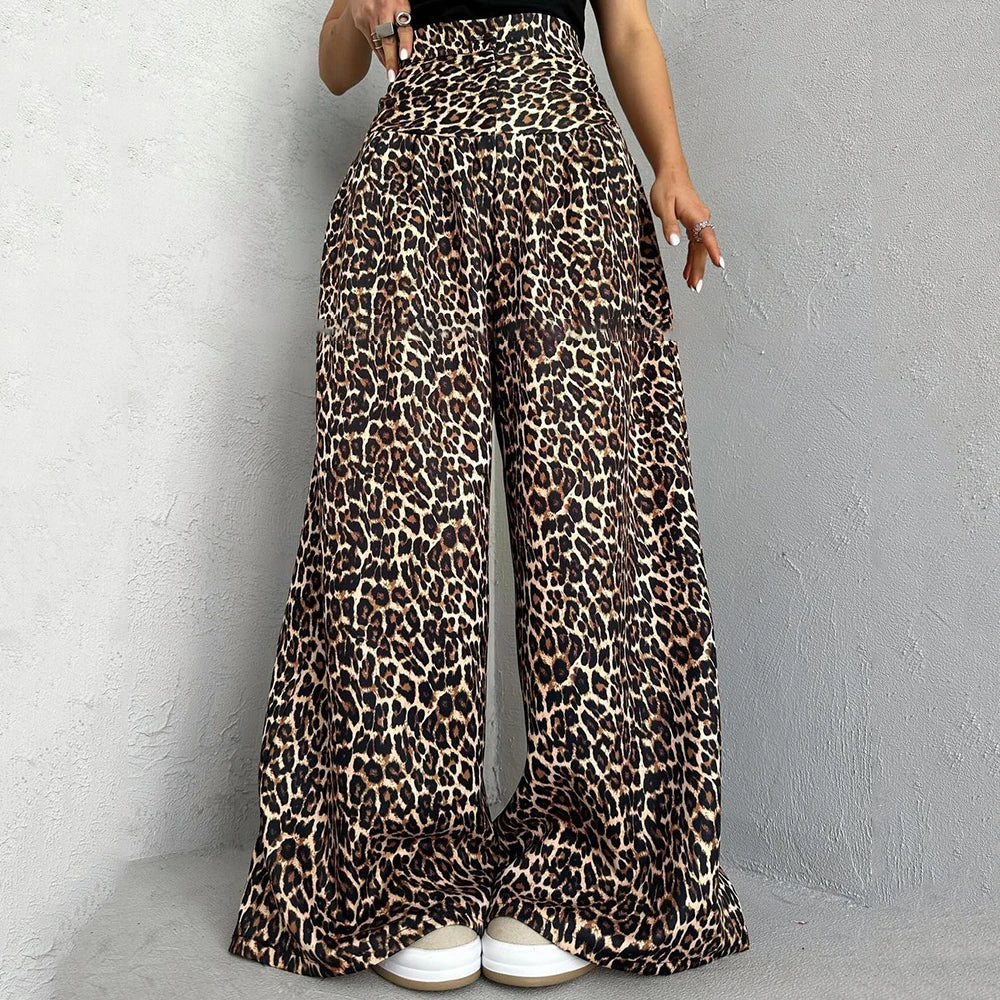TWOTWINSTYLE New Design Casual Women's Pants Trousers Leopard High Waist Stretch Fabric Wide Leg Pants for Ladies