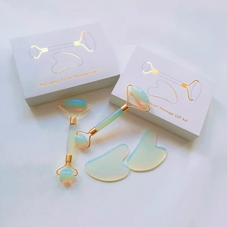 2026 Wholesale Custom Logo Facial Jade Stone Massage Roller Gua Sha Tool Set OpaliteJade Roller For Face