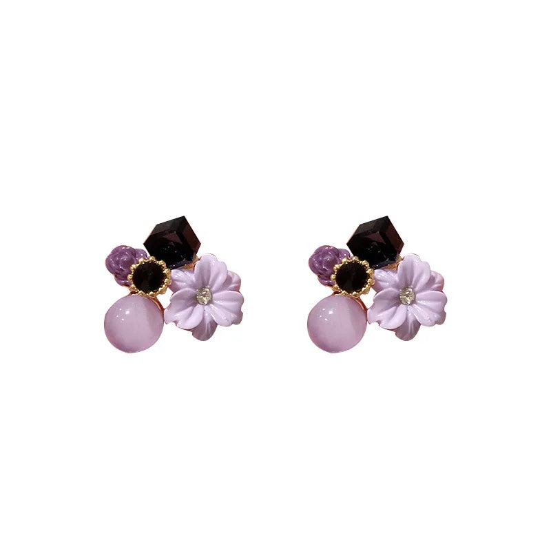 Vintage Design Exquisite Purple Crystal Flower Earring Sweet Opal Beads Zircon Flower Stud Earring for Women Girls