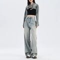 Women's High Waisted Straight Leg Jeans Breathable Quick Dry Woven Plus Size Denim Street Chic Loose Hem Wide-Leg Pants Summer