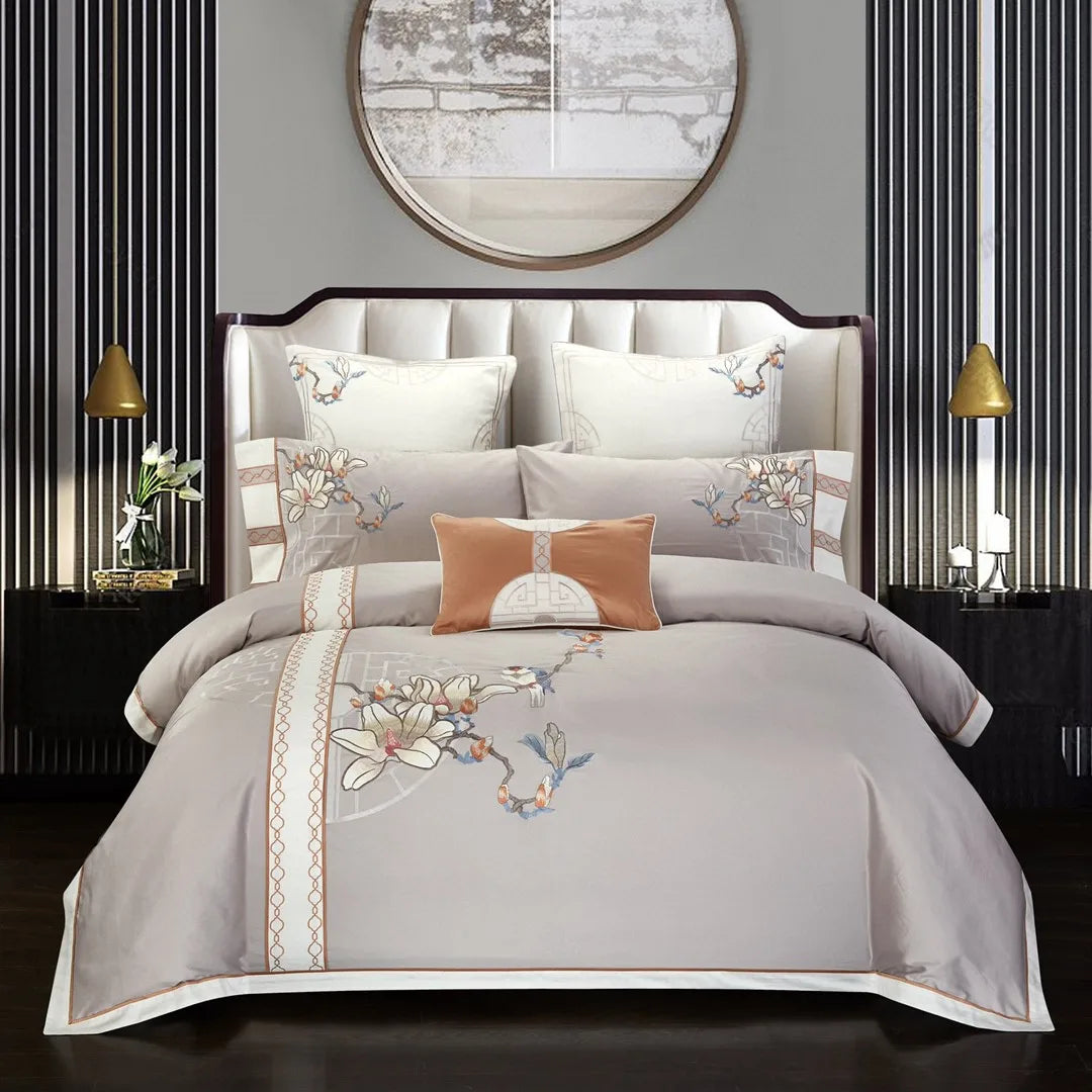 OEM/ODM pink Adult Flower Duvet Cover 100% Cotton Purple Embroidery Pillowcases Home Textile Bedding Set Wholesaler