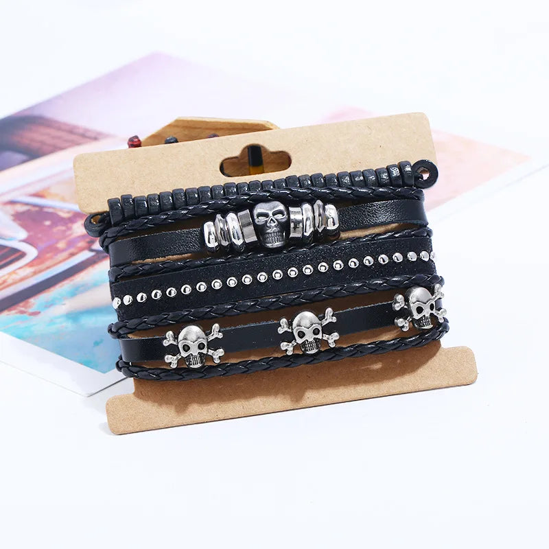 Vintage Punk Metal Skull Beaded Bracelet Genuine Leather Fashion Charm for Men and Women