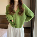 One Size Retro V-neck Slouchy Knit Cardigan Loose Fall New Sweater Single Breasted Long Sleeve Jacket