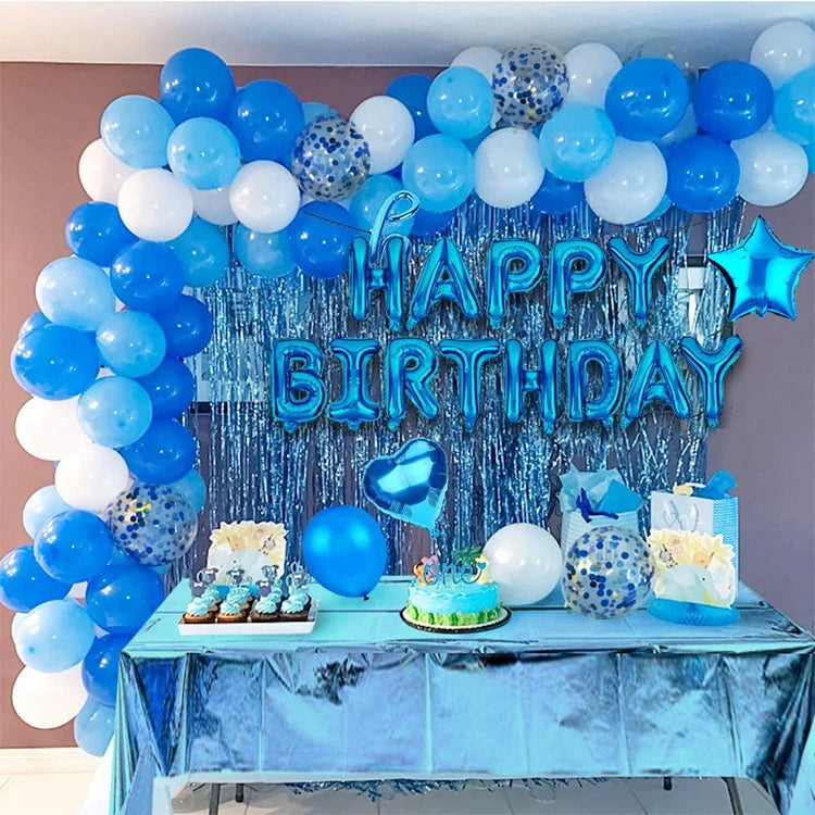 Happy Birthday Letter Blue Balloon Garland Arch Kit with Tablecloth Latex Globos Ballons for Party Decorations