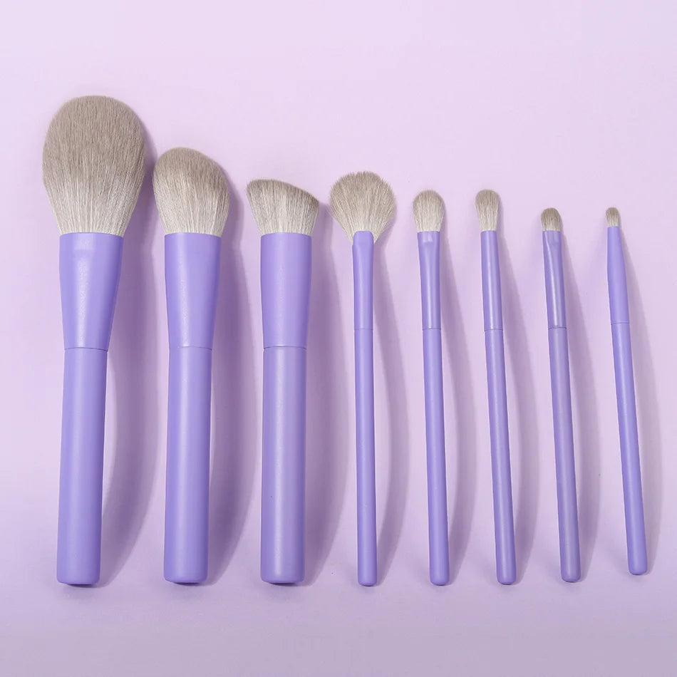 8 PCS Hot Sale Fan Blush Eco Friendly Flat Wood Handle Wholesale Face Vegan Hair Private Label Purple Make up Brush for Makeup