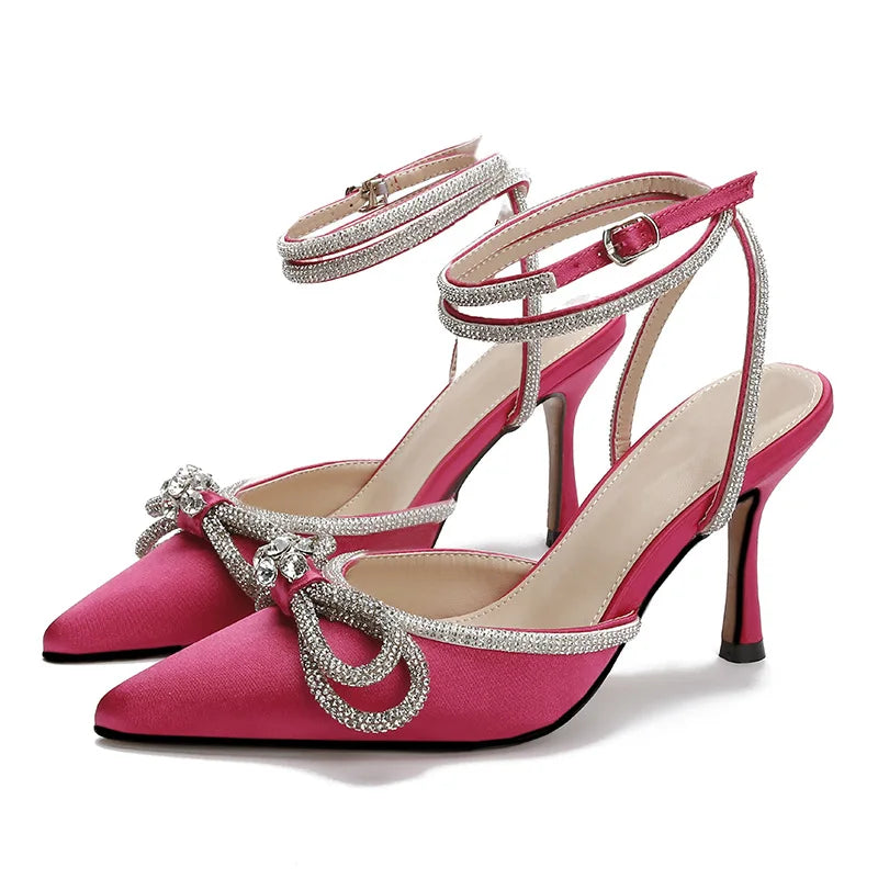 Factory Custom Bow Rhinestone High Heels Sequin Pointy Strap Sandals Women's Glass slippers