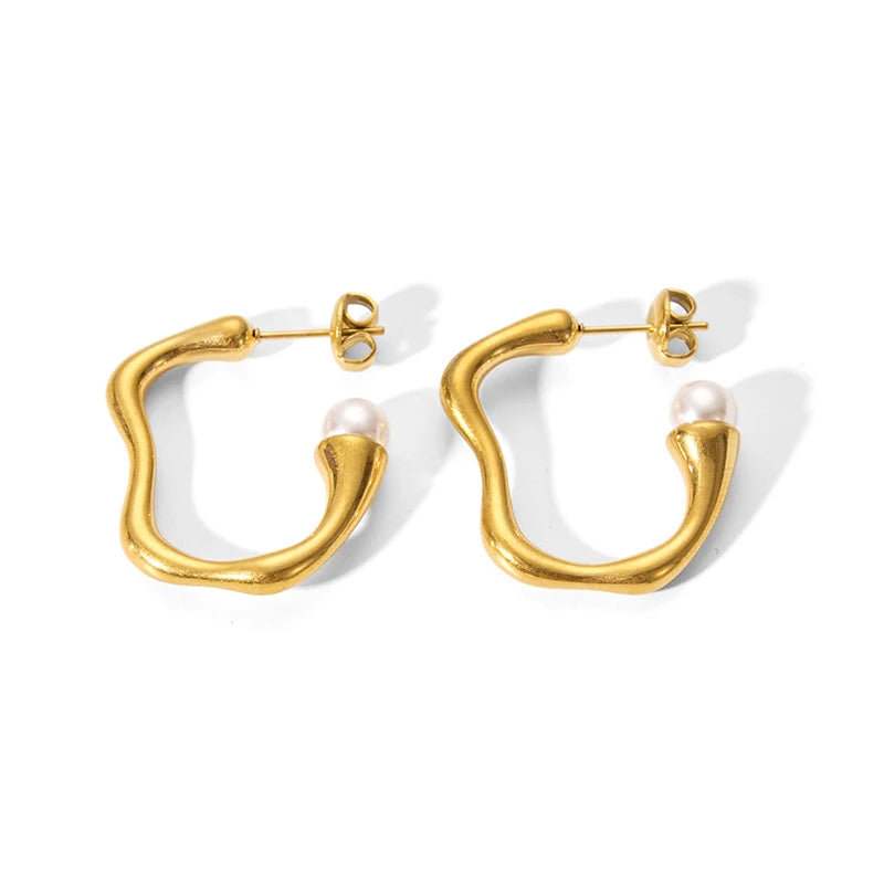Dainty Titanium Steel PVD Plated Irregular Pearls Hoop Earrings Non Tarnish Jewelry Accessories for Woman