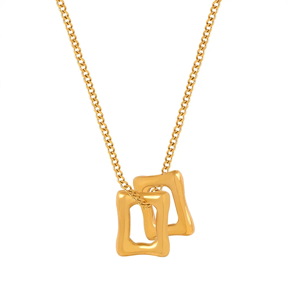 Popular Ins Style 18k Gold PVD Plating Geometric Hollow-out Two-Side Ring Pendant Titanium Steel Necklace Female Tarnish Free