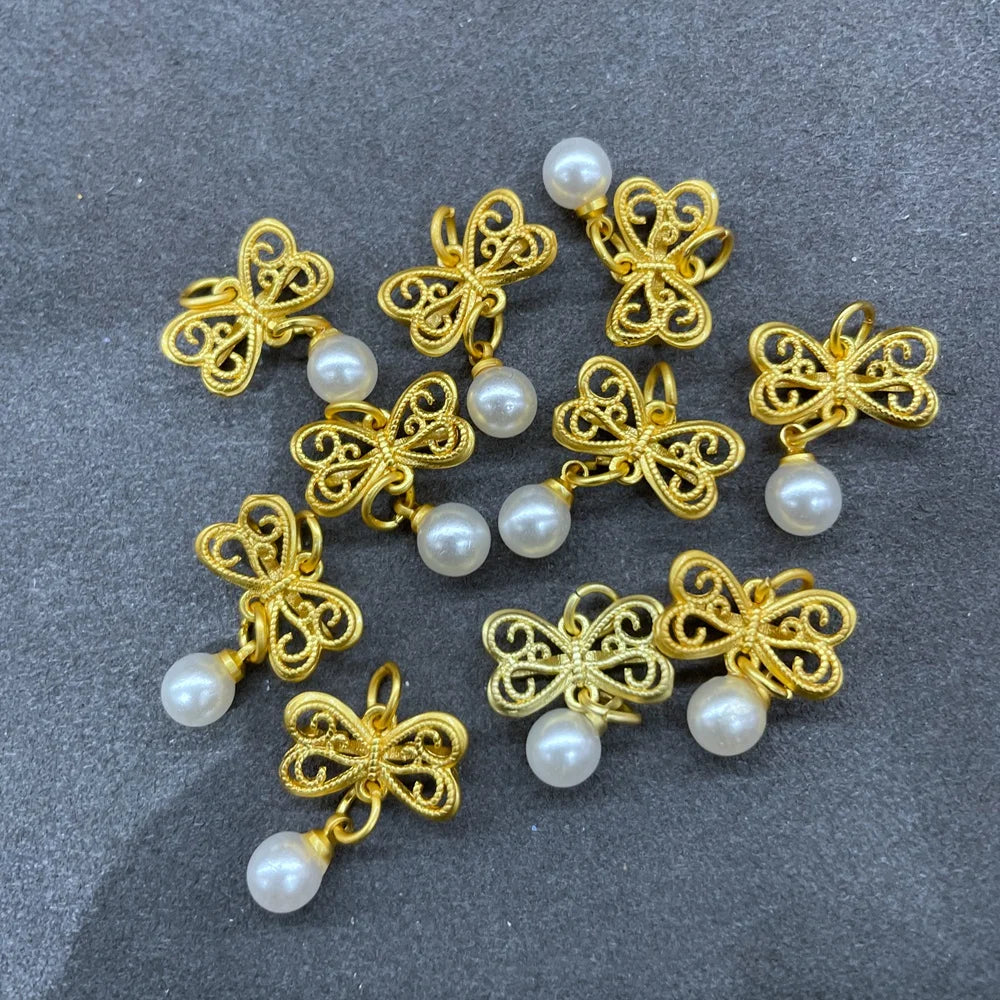 Gold Plated Butterfly Brass Metal Charm With Pearls Jewelry Making DIY Necklace Bracelet Pendant Accessory