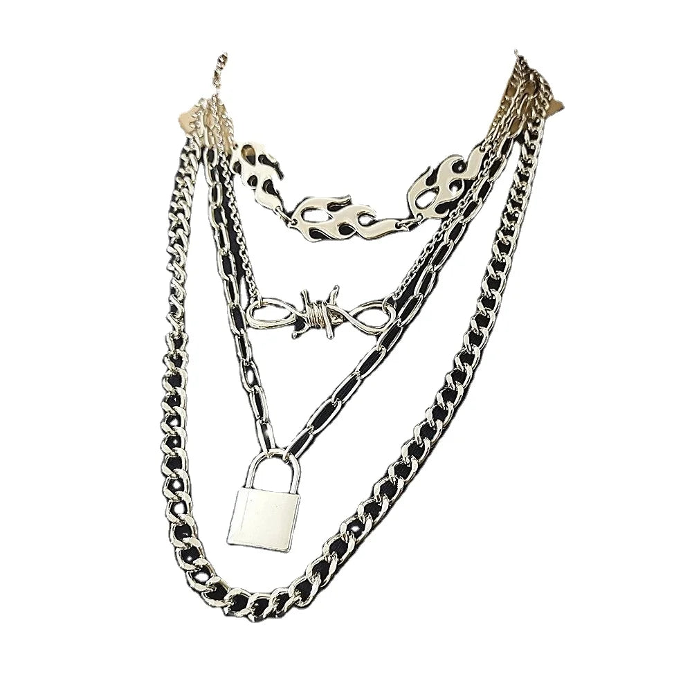 Vintage Collar Chain Necklace Women Silver Color Flame Choker Necklaces Multilayer Hip Hop Gift Statement Jewelry