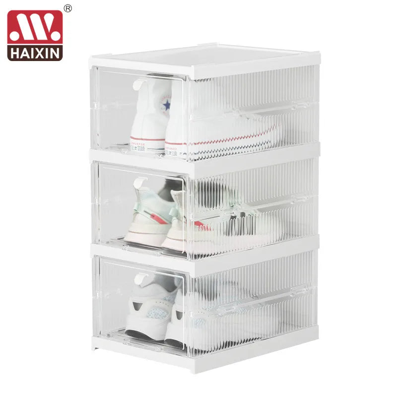 Haixin 3 Layers clear Stackable Sneaker Storage Organizer Plastic Foldable Shoe Storage Boxes Cabinet Storage for Entryway