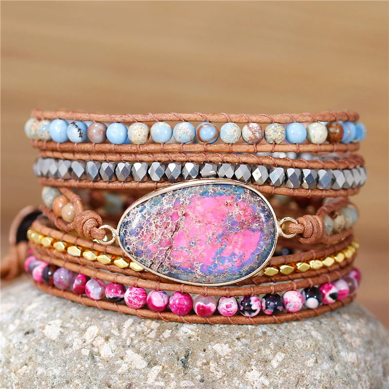 YueTong Handmade Bohemian Blue Pink Multi Colors Gemstone Charm Leather Beaded Wrap Bracelet Yoga Wholesale Popular Jewelry