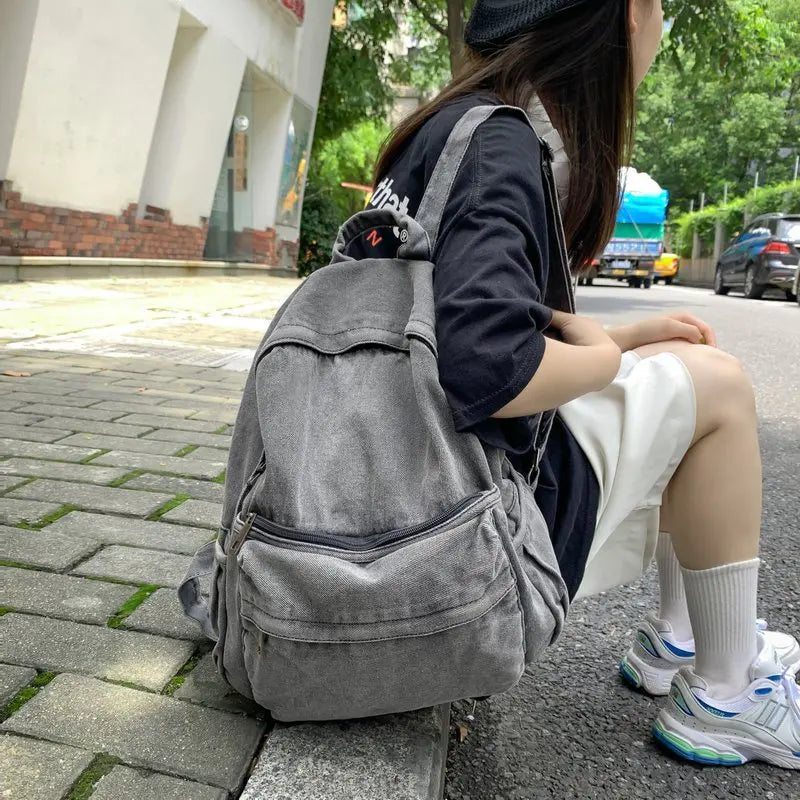 Multi-pocket Retro Denim Simple Ladies Daily Backpack College Girls Casual Daypack Students Outdoor Sports Hiking Backpack