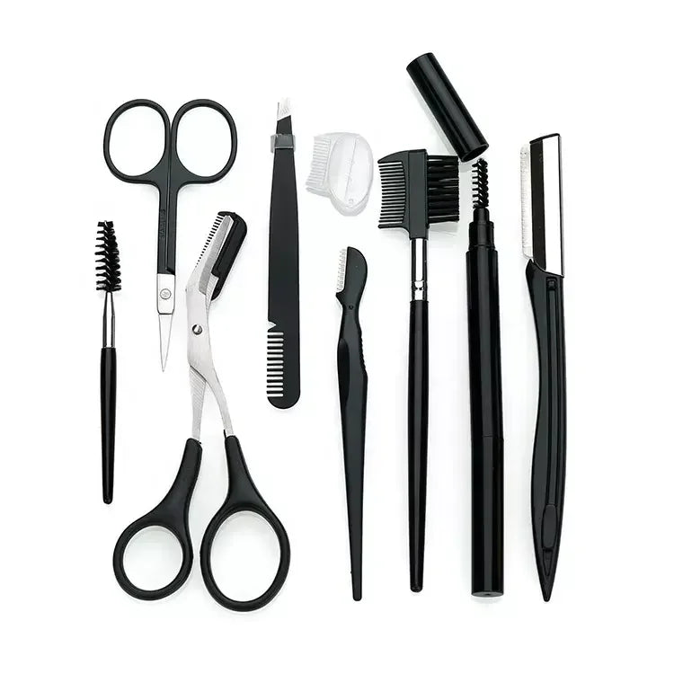 8 in 1 Portable Stainless Steel Eyebrow Grooming Kit for Women Slanted Tip Tweezers and Eyelash Trimming Brush Set