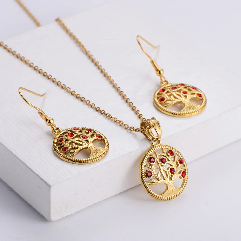 Cheap Waterproof 18K Gold Plated Jewelry Sets Life Tree Stainless Steel Pendant Necklace Stud Earrings Female Jewelry Sets