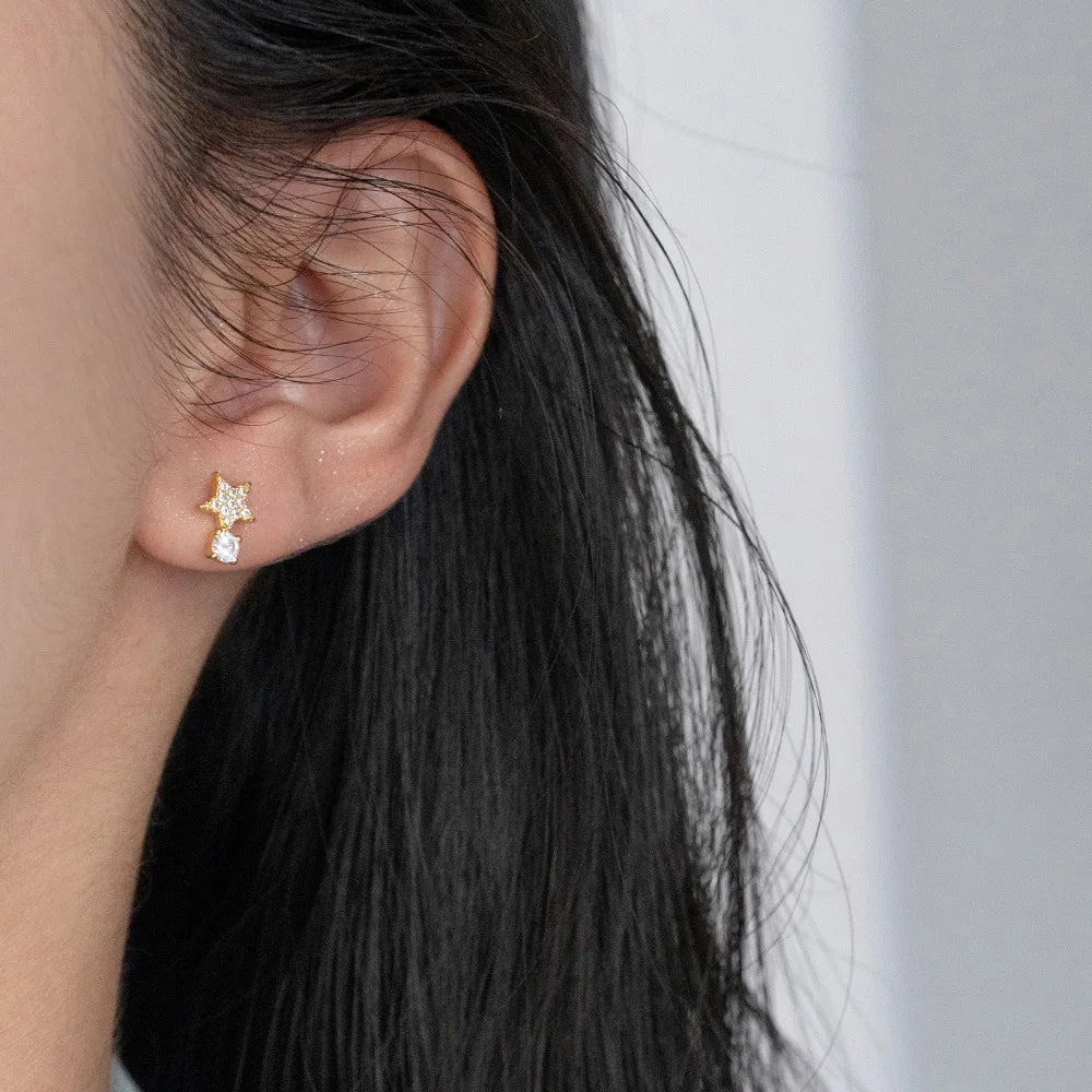 Fashion Korean Jewelry 925 Sterling Silver Full Zircon Star Simple Small Stud Earrings Women 18K Gold Plated Silver Stud Earring