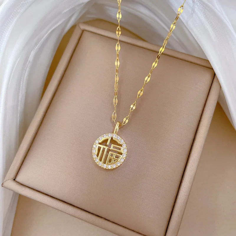 Shining Gold Plated Thin Bead Chain Necklace Stainless Steel Chain Copper Pendant Fu Character Full Diamond Necklace Women