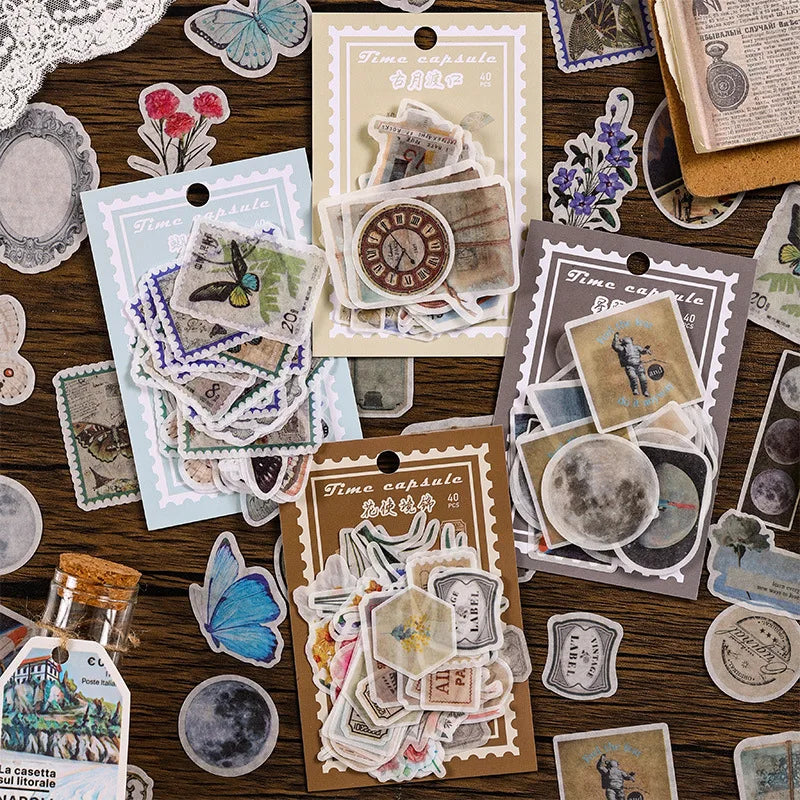 Creative Student DIY Decorative Ledger Sticker Retro Time Interstellar Flower Design 40 Sheets Handmade Material Decoration