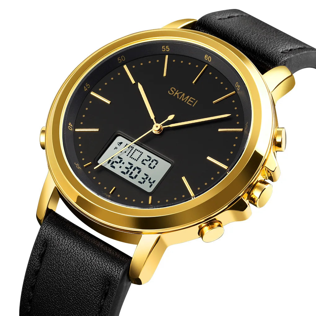 Skmei 1652 Digital Quartz Men Watches Fashion Waterproof Leather Strap Wristwatch Luminous Light