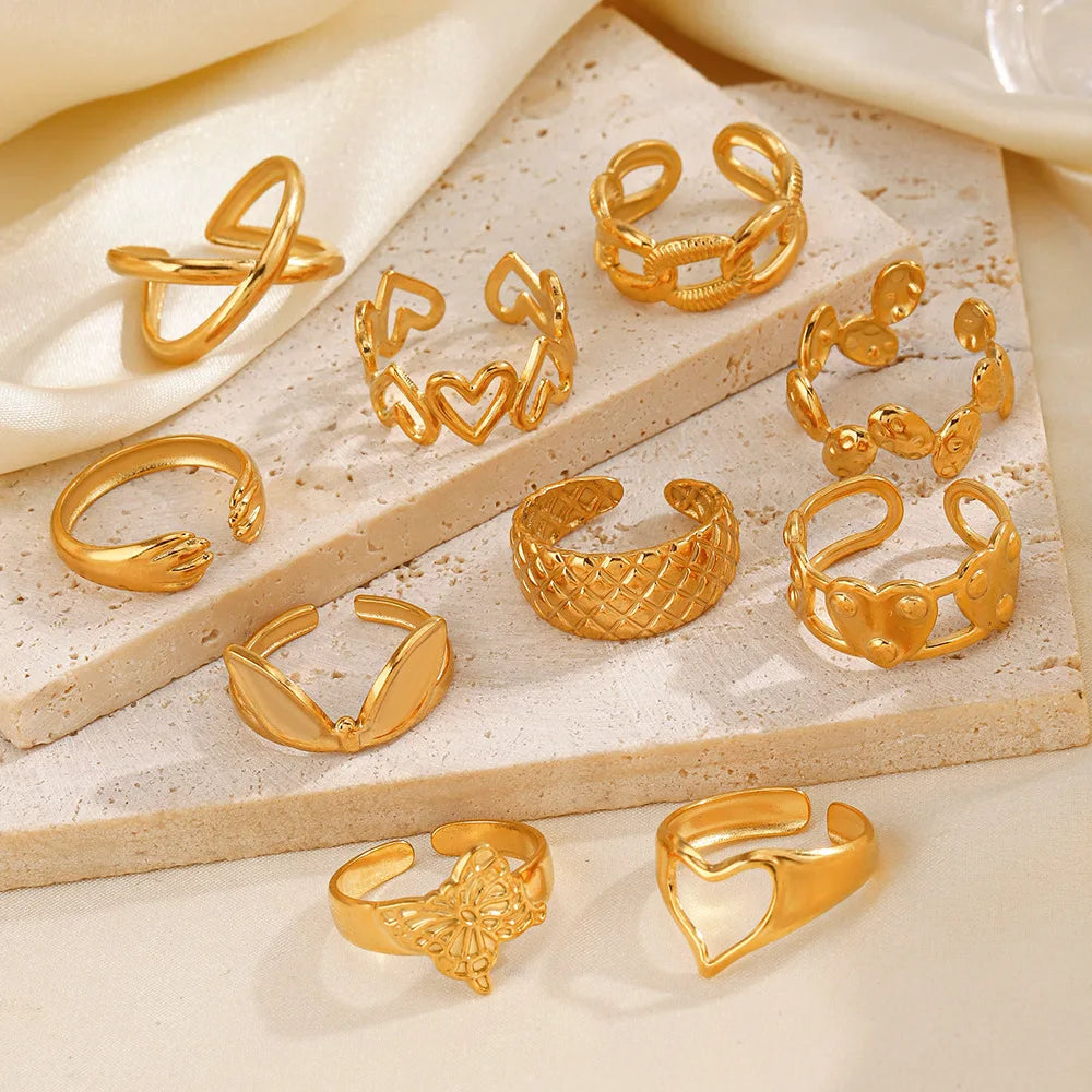 Wholesale 10pcs Tarnish Free 18k Gold Plated Stainless Steel Ring Set Open Adjustable Heart Ring for Women