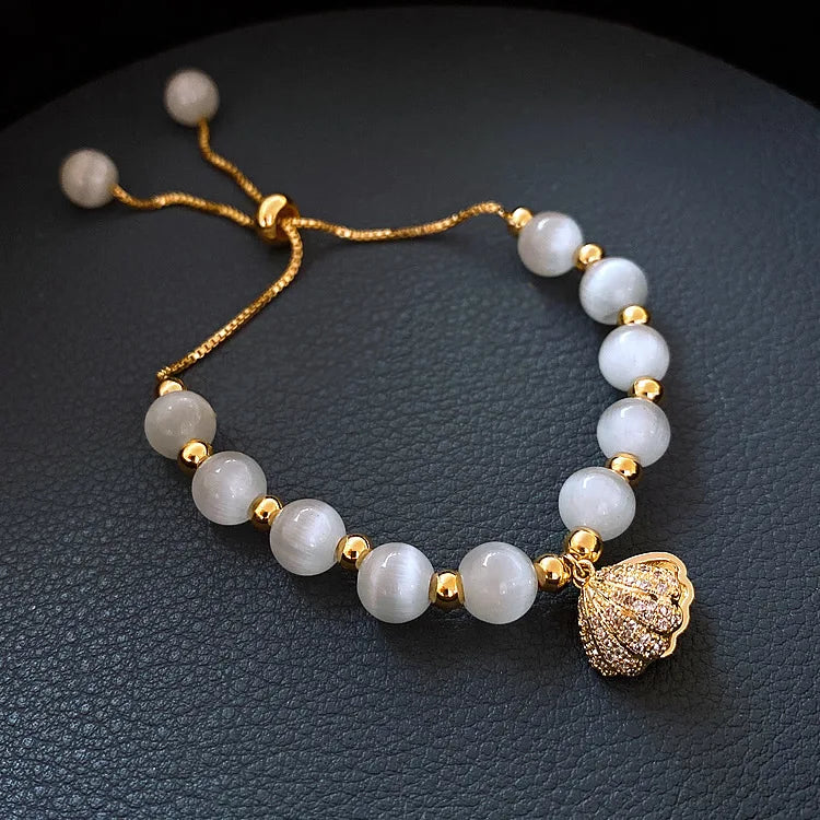HOVANCI 4 Adjustable Real Gold Plated Micro Diamond Shell Pearl Opal Bracelet Rhinestone Crystal Shell Pearl Bracelet for Women