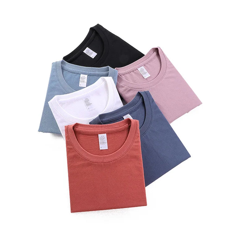 YLS Men's Summer Casual T-Shirt 160g Stock Solid Color Round Collar 100% Cotton Straight Thin Lightweight Knitted Fabric