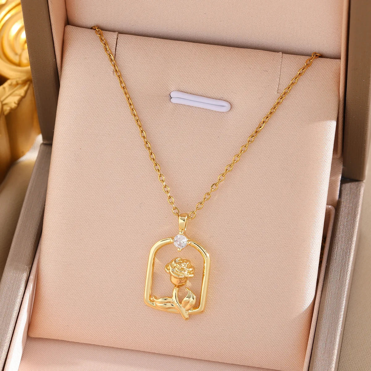 Flower Garden Little Prince Necklace Trendy Gold Chunky Link Chain Rose Crystal Pendant Fashionable Stainless Steel Unisex Lab