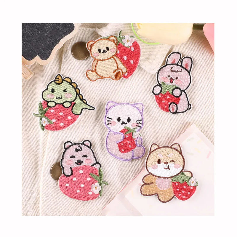 Embroidered Strawberry Animals Patches for Jacket Jeans Repair Diy Pen case Bag Shoes Hats Hot Self-adhesive Garment Patch