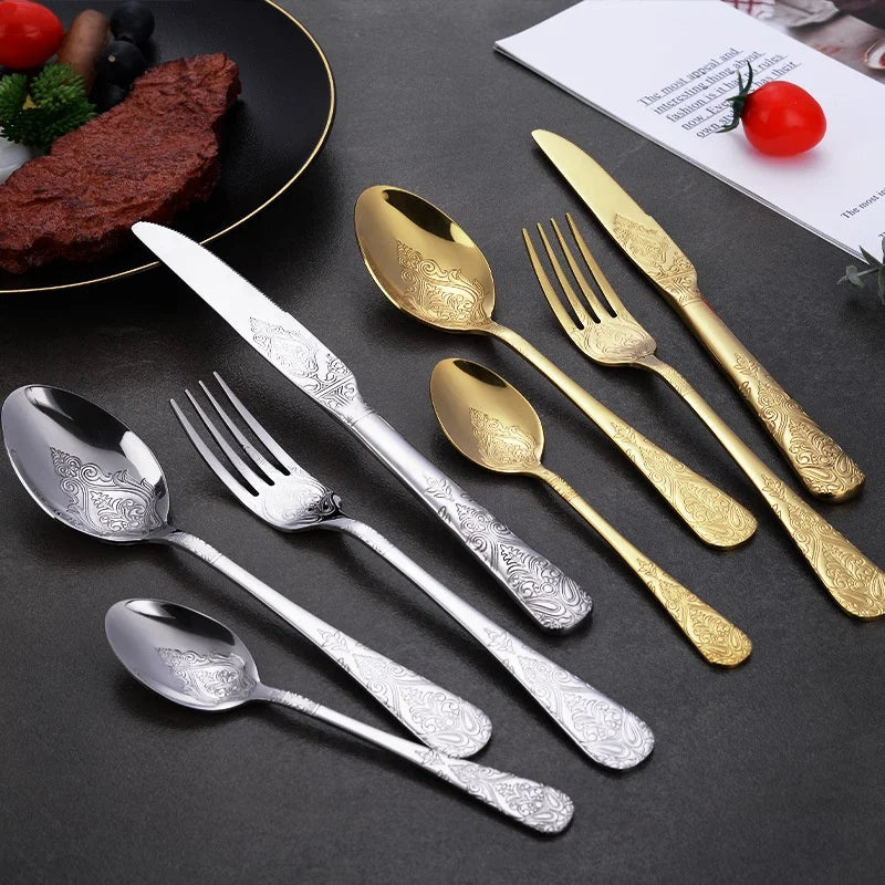 Retro Luxury Carving Design 4PCS Silver Gold Flatware Wedding Hotel Stainless Steel Cutlery Set with Wide Handle