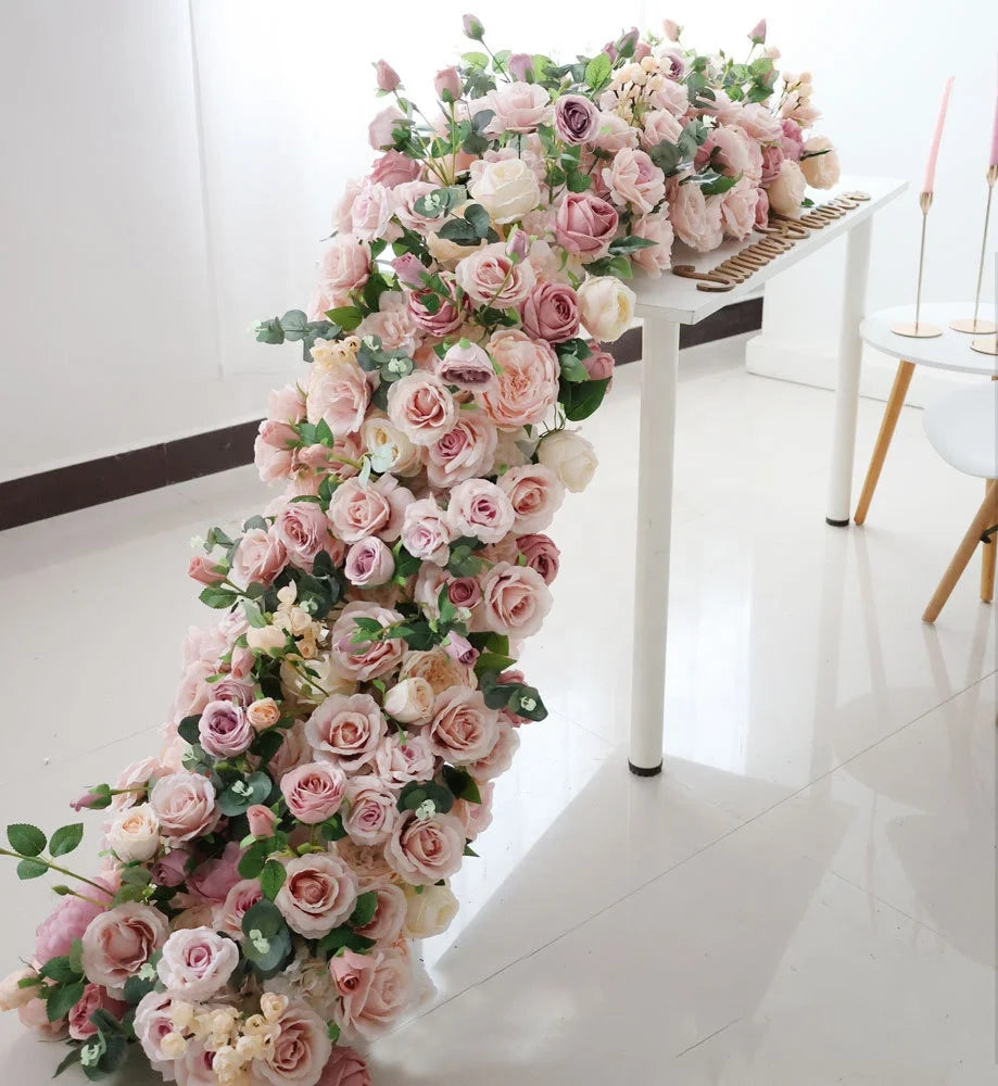 Y-I022 Wedding Props White Flowers Runners Flower Rows Artificial Flowers Table Runner for Wedding Decoration