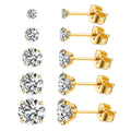 Gold/Silver Trendy Stud Waterproof Earrings Women's Stainless Steel 4-8mm Six Claws Zirconia Crystal Stud Earrings