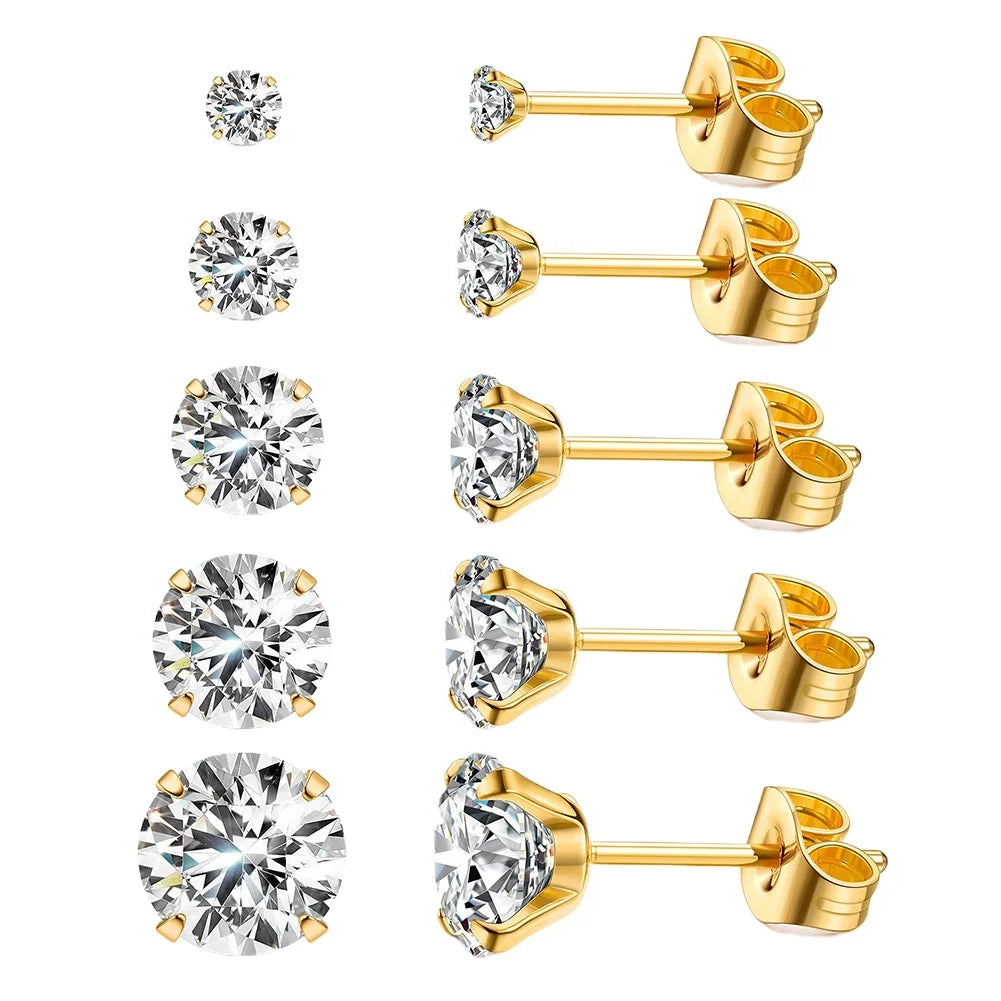 Gold/Silver Trendy Stud Waterproof Earrings Women's Stainless Steel 4-8mm Six Claws Zirconia Crystal Stud Earrings