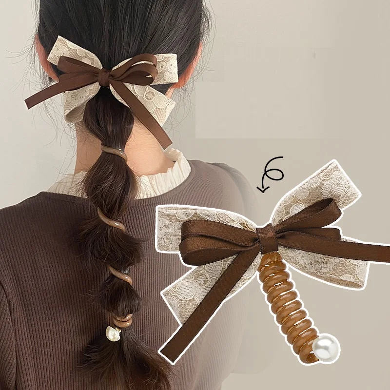 Bowknot Braided Telephone Wire Hair Bands New Spiral Hair Ties Phone Cord with Pearl High Elastic Rubber Hair Band Headwear