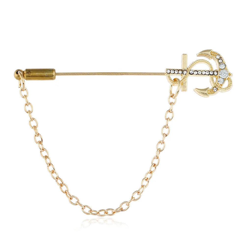 Retro Gold Women's Suit Brooch Men's Chain Accessories Fashion Corsage Brooches Korean Style Long Pins Crystal Anchor Pin Brooch