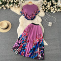Women's Sets Spring Fashion Short Sleeve Print Tops High Waist Pleated Casual Skirt Set Ropa Wholesale