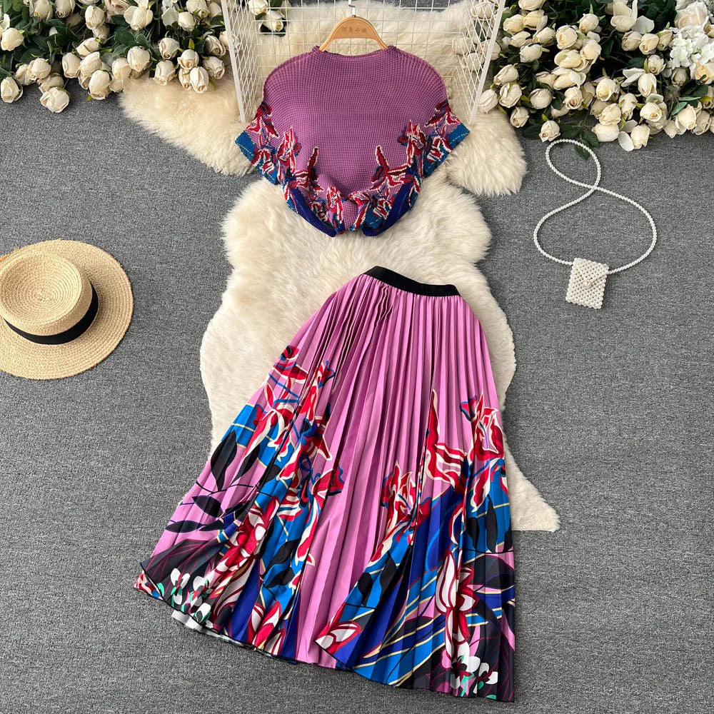 Women's Sets Spring Fashion Short Sleeve Print Tops High Waist Pleated Casual Skirt Set Ropa Wholesale