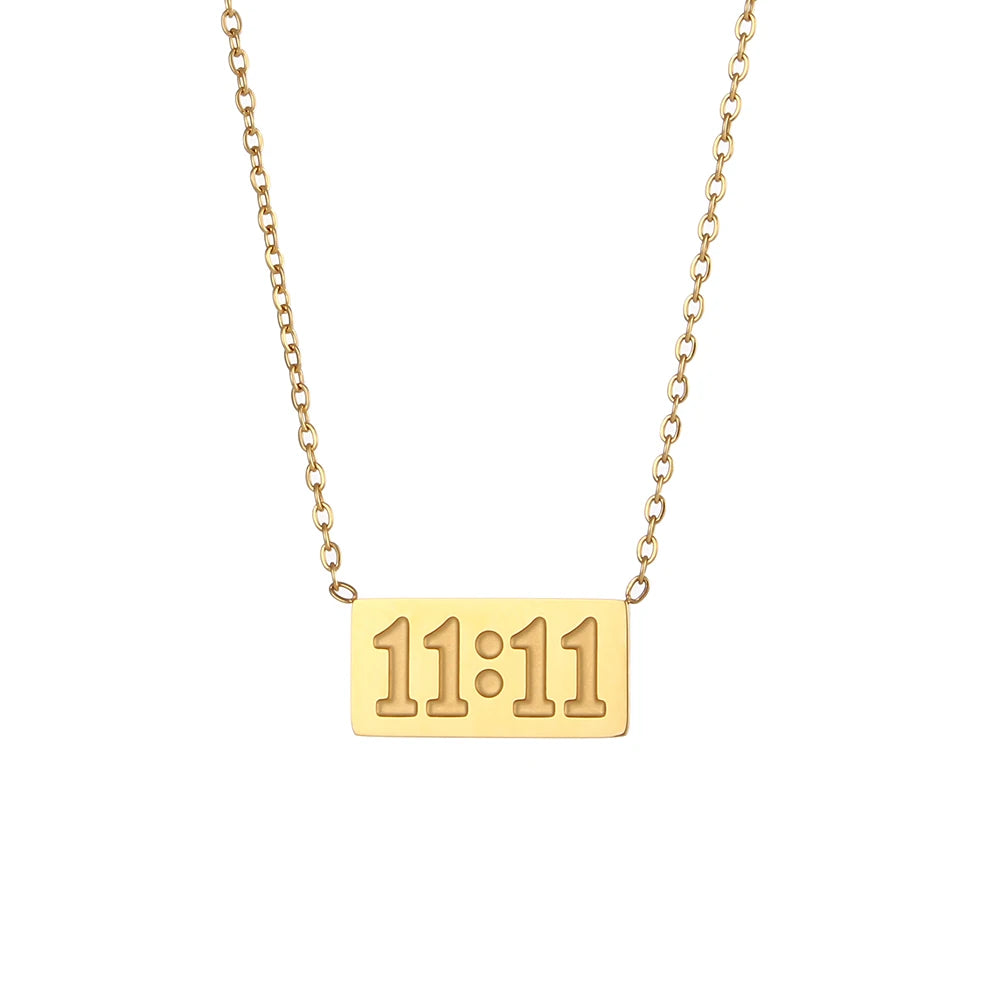 Simple Fashion Stainless Steel 18K Gold Plated Necklaces Waterproof Square 11:11 Number Pendant Necklace