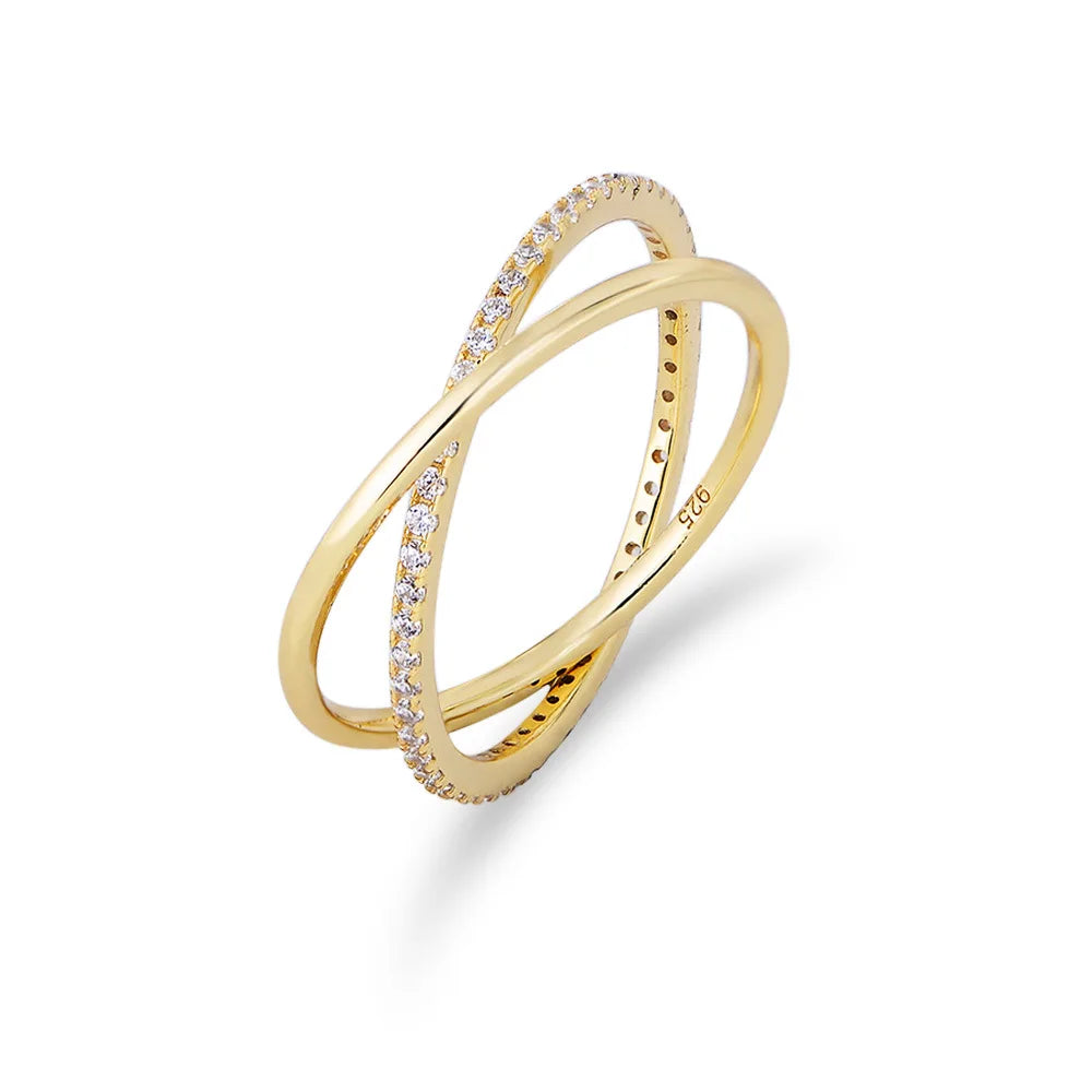 Wholesale Fashion Jewelry 925 Sterling Silver Double Circle Loop Cross Zircon Gold Plated Rings for Women
