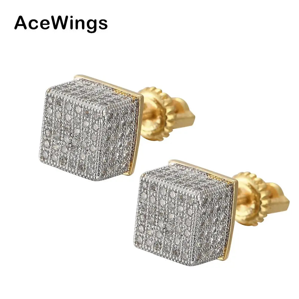 E008 Geometric Gold Plated Hip Hop CZ Stud Earrings for Men Brass Setting Zircon Iced Out Anniversary