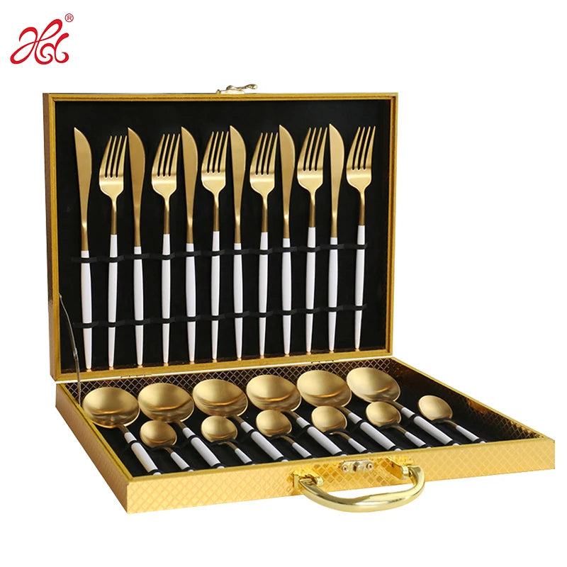 D038 18/10 Stainless Steel Cutlery Set Luxury Gold Wedding Flatware 24 Pcs Spoon Fork Matte for Business Gifts Weddings
