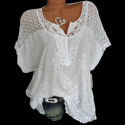 _ Summer Short Sleeve Womens Blouses and Tops Loose White Lace Patchwork Shirt Plus Size 4xl 5xl Women Tops Casual Clothes