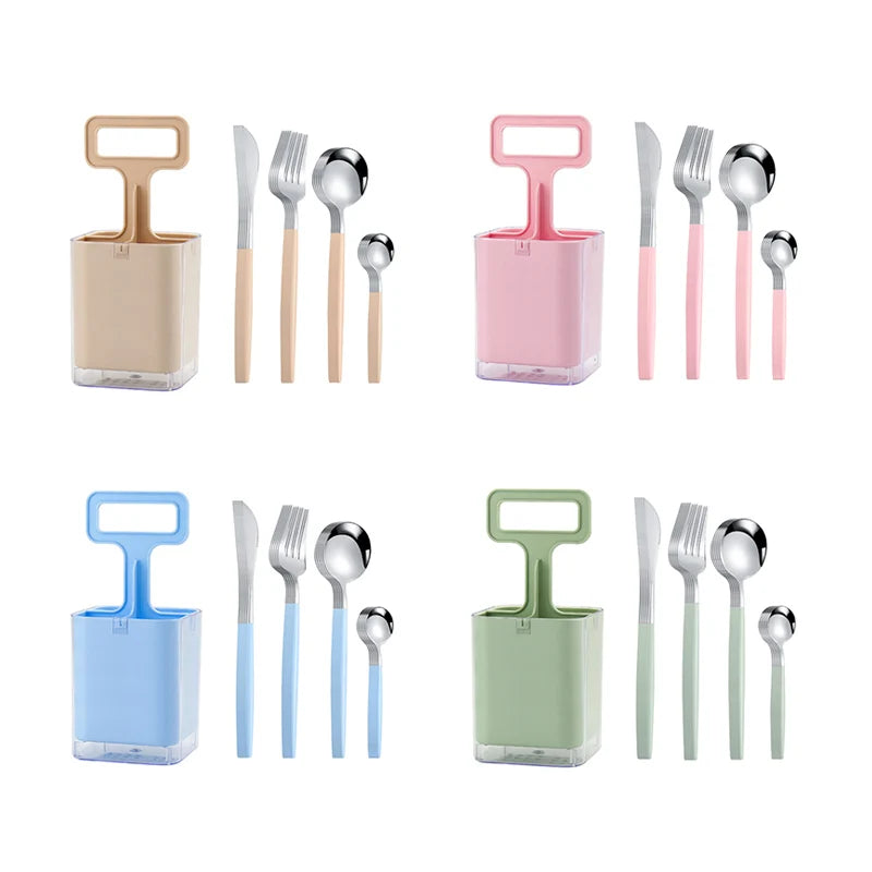 Space Saving Restaurant Hotel Knife Spoon Fork Organizer Holder 24pcs Candy Color Gold Flatware Set with Dust Proof Lid