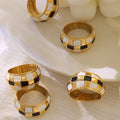 Pvd 18k Real Gold Plated Rings Stainless Steel Geometric Black and White Plaid Ring for Women Anillos De Acero Inoxidable