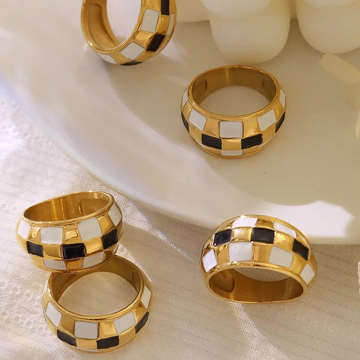 Pvd 18k Real Gold Plated Rings Stainless Steel Geometric Black and White Plaid Ring for Women Anillos De Acero Inoxidable